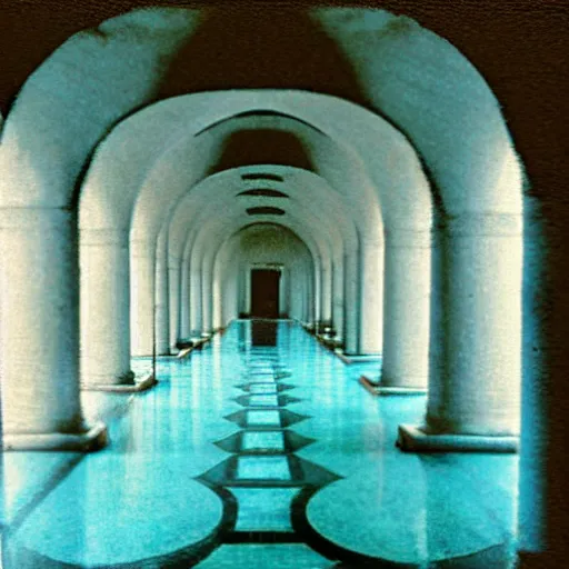 Image similar to Beautiful Fuzzy wide-eye-lens 15mm, harsh flash, cameraphone 2002, Photograph of an tiled infinite foggy liminal pool hallway with archways and water on the floor