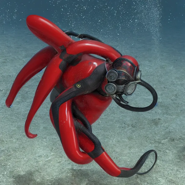 Image similar to octane render portrait by wayne barlow and carlo crivelli and glenn fabry, subject is a diver in a wet suit with goggles with giant long red tentacles coming out of their mouth, cinema 4 d, ray traced lighting, very short depth of field, bokeh