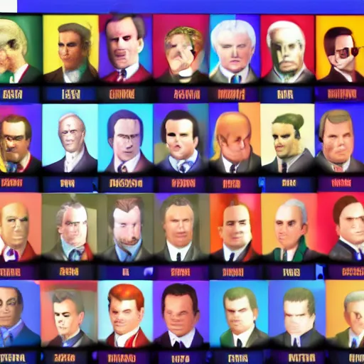 Prompt: a character select screen from a roster of presidents of the united states, screenshot, video game, digital art, 9 0's look, tekken 3,