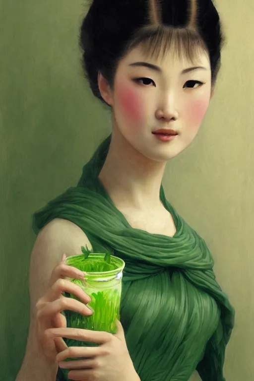 Image similar to a beautiful oriental woman, in a strict suit, distributes green lemonade with a painfully face at a children's party, highly detailed, artstation, illustration, jurgens, rutkowski, bouguereau, canon eos r 3