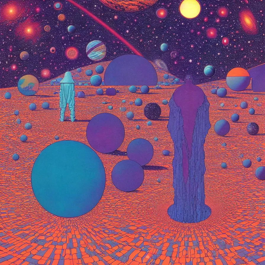 Image similar to the dimensional gap at the end of the galaxy by mœbius, overdetailed art, colorful, artistic record jacket design