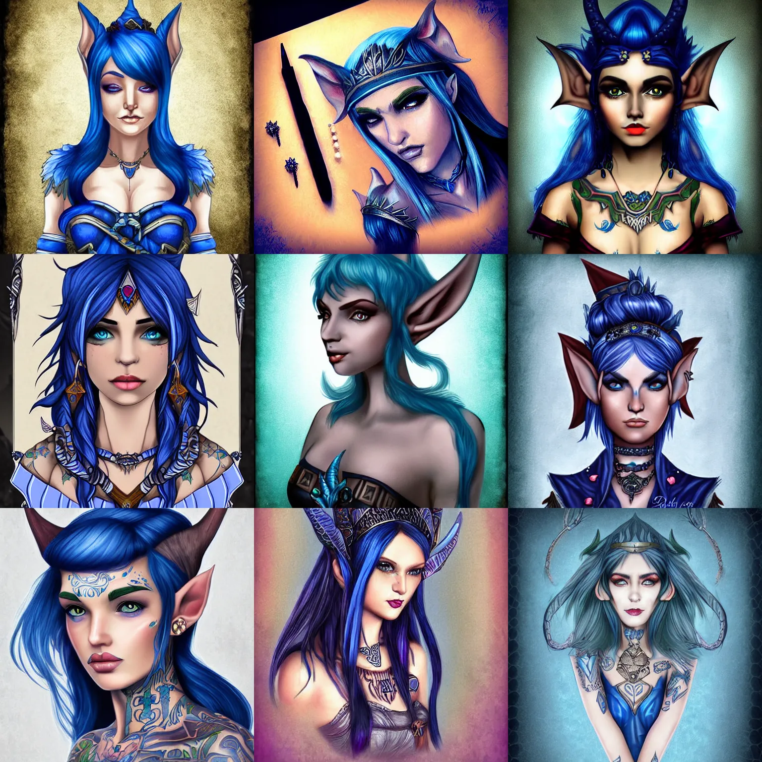 Prompt: digital art portrait of beautiful d&d fantasy elf, dark blue hair, jewelry, tattoos, epic