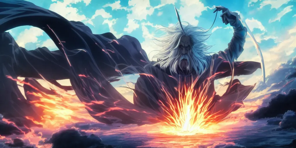 Image similar to A still from an Anime movie adaption of Gandalf vs The Balrog, Anime art style, 4K, highly detailed