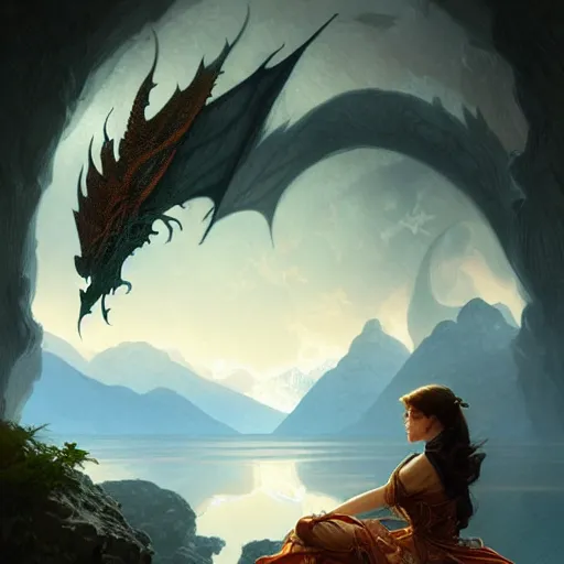Prompt: baby dragon watching the world underneath, mountains, d & d, fantasy, intricate, elegant, highly detailed, digital painting, artstation, concept art, smooth, sharp focus, illustration, art by artgerm and greg rutkowski and alphonse mucha
