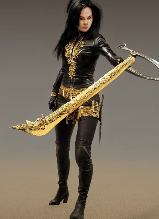 Prompt: black haired woman in a leather jacket, with a gold and silver intricate sword, action pose, movie scene, highly detailed, intricate, face enhance, long sharp intricate sword, trending on artstation, action pose
