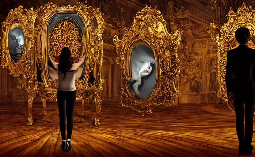 Prompt: A person standing in front of a giant baroque computer asking it to generate an image of what they are about to say, fantasy, digital art, golden hours, dramatic, ornate, manga