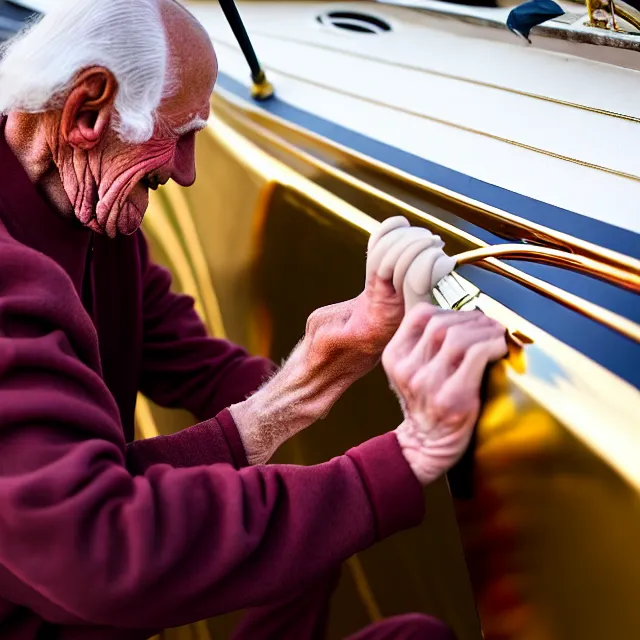 Image similar to wrinkled hunchbacked old man in musty burgundy suit, polishing painting the side of a huge gold plated mega yacht with a cloth, maintenance photo