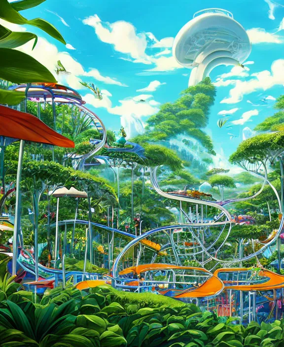 Image similar to simplicity, elegance, an amusement park made out of predatory organic creatures, in the style of a streamlined asymmetrical spaceship, overgrown with orchids, partly cloudy, sun - drenched, by dan mumford, yusuke murata, makoto shinkai, ross tran, cinematic, unreal engine, cel shaded, featured on artstation, pixiv