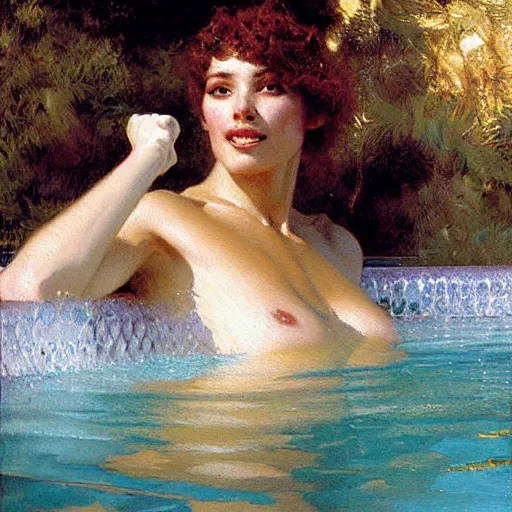 Image similar to a portrait of a furry in the pool, furry body, furry arms, furry legs, furry tail. highly detailed painting by gaston bussiere, craig mullins, j. c. leyendecker, furry