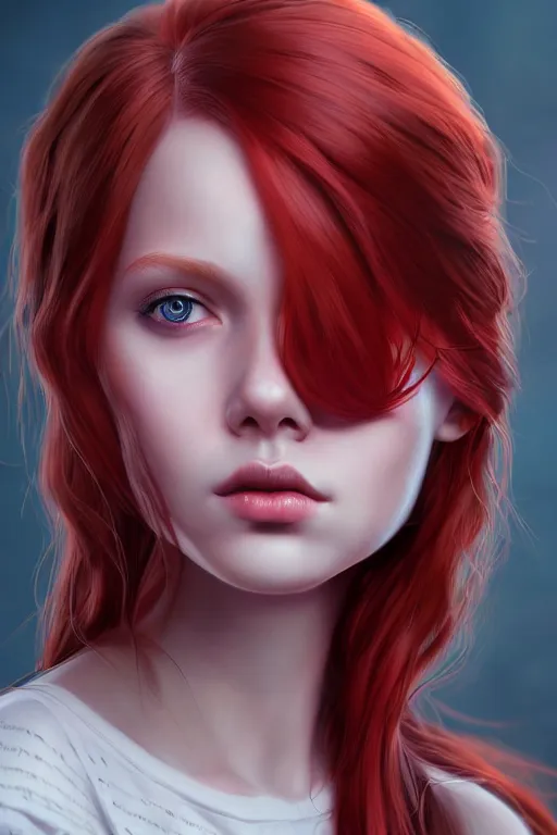 Image similar to ultra realistic style illustration of a cute red haired young girl, sci - fi, fantasy, intricate, elegant, highly detailed, digital painting, artstation, concept art, smooth, sharp focus, illustration, 8 k frostbite 3 engine, ultra detailed