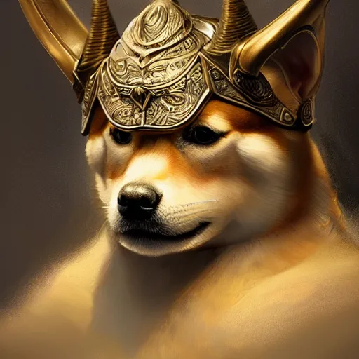 Image similar to detailed photorealistic painting of a shiba inu wearing a highly detailed ornamented bronze typical viking helmet with two horns, sharp focus in the style of ruan jia, Mandy jurgens, cinematic light, concept art, trending on artstation, ultra realistic