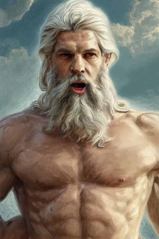 Prompt: painted portrait of rugged zeus, god of thunder, greek god, white hair, masculine, powerful, handsome, opulent, upper body, white robe, muscular, hairy torso, fantasy, intricate, elegant, highly detailed, digital painting, artstation, concept art, smooth, sharp focus, illustration, art by gaston bussiere and magali villeneuve