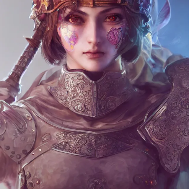Image similar to studio portrait of lawful good colorful female holy knight paladin as absurdly beautiful, elegant, young sensual pretty woman, ultrafine hyperrealistic detailed face illustration by kim jung gi, irakli nadar, intricate linework, sharp focus, bright colors, matte, octopath traveler, final fantasy, unreal engine highly rendered, global illumination, radiant light, intricate environment