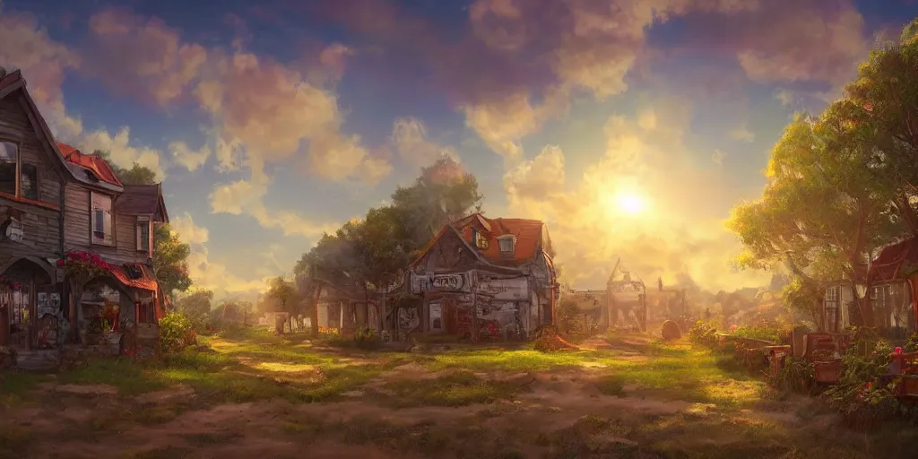 Prompt: country town, fantasy, day light, sun, wide angle, highly detailed, rich bright colors, trending on artstation