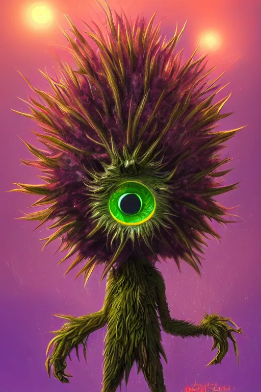 Image similar to a humanoid figure thistle monster with eyes, radiation glow, highly detailed, digital art, sharp focus, trending on art station, plant, anime art style