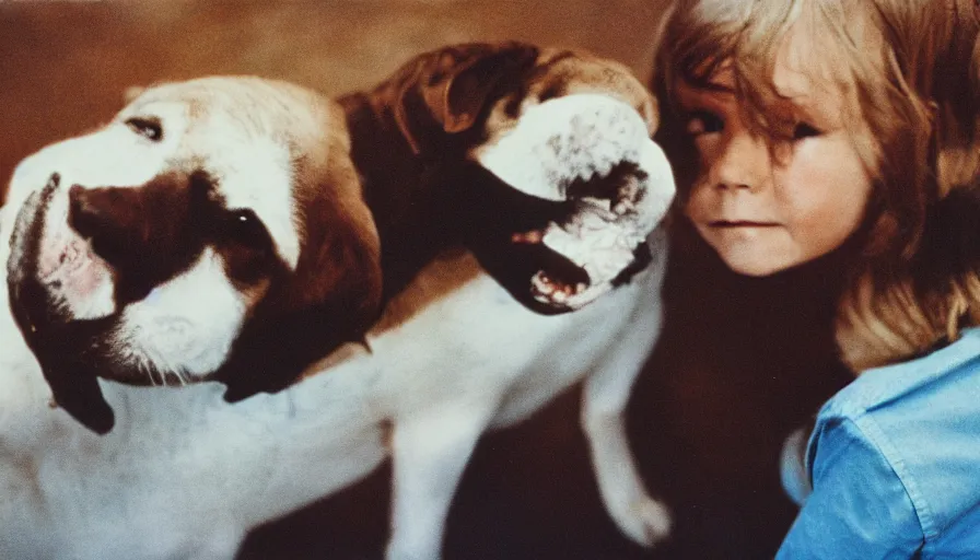 Image similar to 7 0 s film still from a horror movie starring a boy and a dog, kodachrome, cinecolor, cinestill, film grain, film texture, retro, cinematic, high resolution, photorealism,