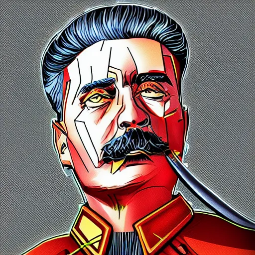 Image similar to cyberpunk joseph stalin as the leader of a futuristic communist society, cybernetics, sharp lines, digital, artstation, colored in