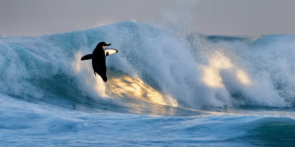 Prompt: penguin surfing a wave at the sunrise