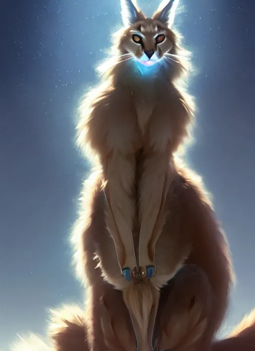 Prompt: cute fluffy caracal sitting politely, facing the camera, anime art style, wearing futuristic, led - lit armor, and a cannon mounted on his back, portrait, high detail, sharp focus, digital painting, artstation, concept art, art by hayao miyazaki and artgerm and greg rutkowski and alphonse mucha.