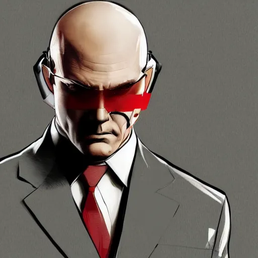 Prompt: a portrait of agent 4 7 from hitman wearing headphones, dark background, red rim light, digital art, artstation, art by yoji shinkawa