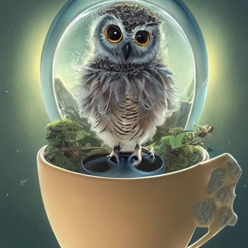 Image similar to long shot of a very cute owl chick nesting in a very futuristic cup, esao andrews, m. w. kaluta, yoshita amano, humorous illustration, hyperrealistic, big depth of field, warm colors, night scenery, low light, 3 d octane render, 4 k, conceptart, hyperdetailed, hyperrealistic, trending on artstation