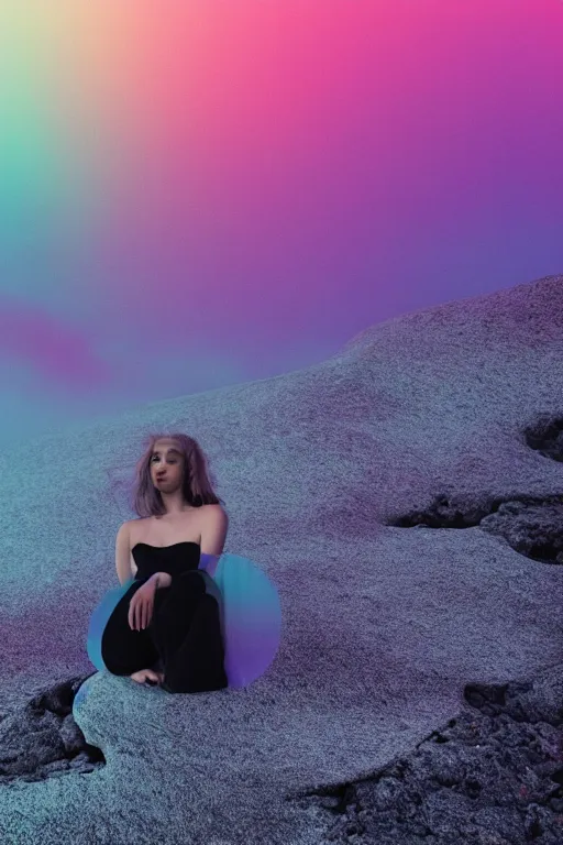 Image similar to high quality pastel coloured film close up wide angle photograph of a model wearing clothing resting on cloud furniture in a icelandic black rock environment in a partially haze filled dreamstate world. three point light, rainbow. photographic production. art directed. pastel colours. volumetric clouds. pastel gradient overlay. waves glitch artefacts. extreme facial clarity. 8 k. filmic.