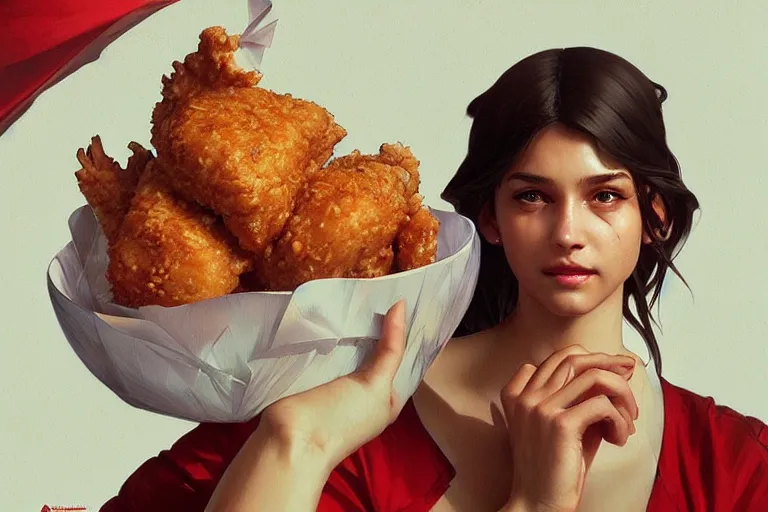 Image similar to kfc chicken, portrait, elegant, intricate, digital painting, artstation, concept art, smooth, sharp focus, illustration, art by artgerm and greg rutkowski and alphonse mucha