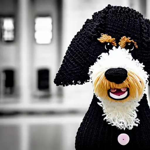 Prompt: a closeup photorealistic photograph of a cute smiling knitted bernedoodle judge dog dressed in a black gown, presiding over the courthouse. indoor shot, professional capture, well lit photo. this 4 k hd image is trending on artstation, featured on behance, well - rendered, extra crisp, features intricate detail, epic composition and the style of unreal engine.