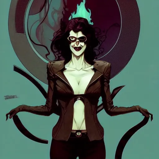 Image similar to Rafael Albuquerque comic art, art nouveau, Peter Mohrbacher, Joshua Middleton, pretty female Eva Green vampire, sharp vampire teeth, sarcastic smile, symmetrical eyes, symmetrical face, brown leather jacket, jeans, long black hair, full body:: building on fire:: hate and anger:: cool colors