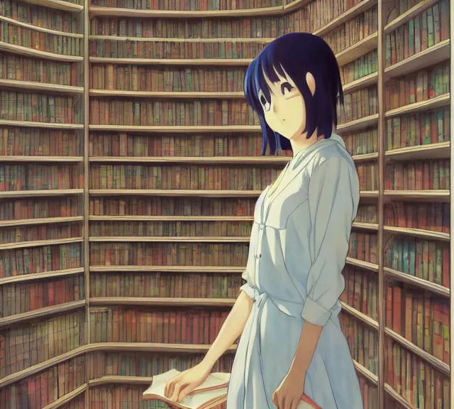 Prompt: anime visual, portrait of a young female looking around in a library interior, beautiful face by yoh yoshinari, katsura masakazu, dynamic perspective, dynamic pose, strong silhouette, anime cels, ilya kuvshinov, cel shaded, sharpened edges, rounded eyes, ( detailed character!! ), natural light