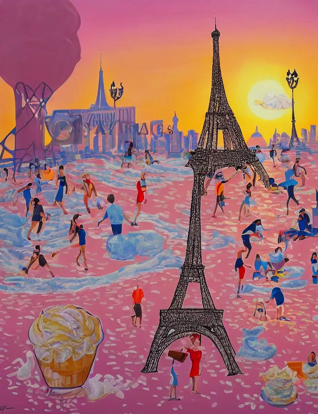 Prompt: a funny painting of the eiffel tower in paris made of scoops of ice cream in different colors on a very sunny bright summer sunset day, very hot and the ice is melting of the paris skyline and people are swimming in the icecream in the style of james jean and fernando botero