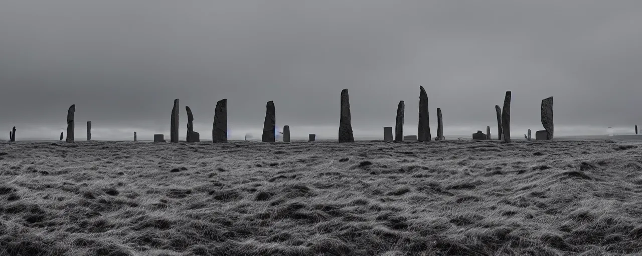 Image similar to 'a giant windfarm stands among neolithic standing stones of stenness, haunting, fog, grainy, snowing, atmospheric clouds'