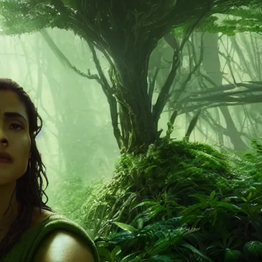 Image similar to a green salma hayek with ( ( ( ( yoda ) ) ) ) ears greg rutkowski and jason chan highly detailed cinematic lighting octane render unreal engine