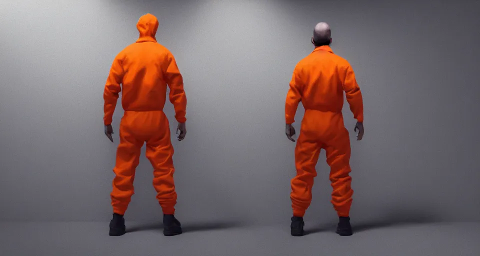 Image similar to an image of a prisoner in an orange jumpsuit and wrinkly hands reaching forward, concept art, high detail, intimidating, cinematic, Artstation trending, octane render