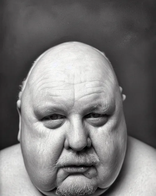 Image similar to an extreme close up portrait a very ordinary overweight old man with an blank expression, by joel peter witkin and sarah moon, very pale skin, very blurry, translucent white skin, foggy, oil painting, photorealistic, anatomically correct, beautiful perfect face, visible brushstrokes, sharp focus, highly detailed, cinematic lighting, 8 k, hd