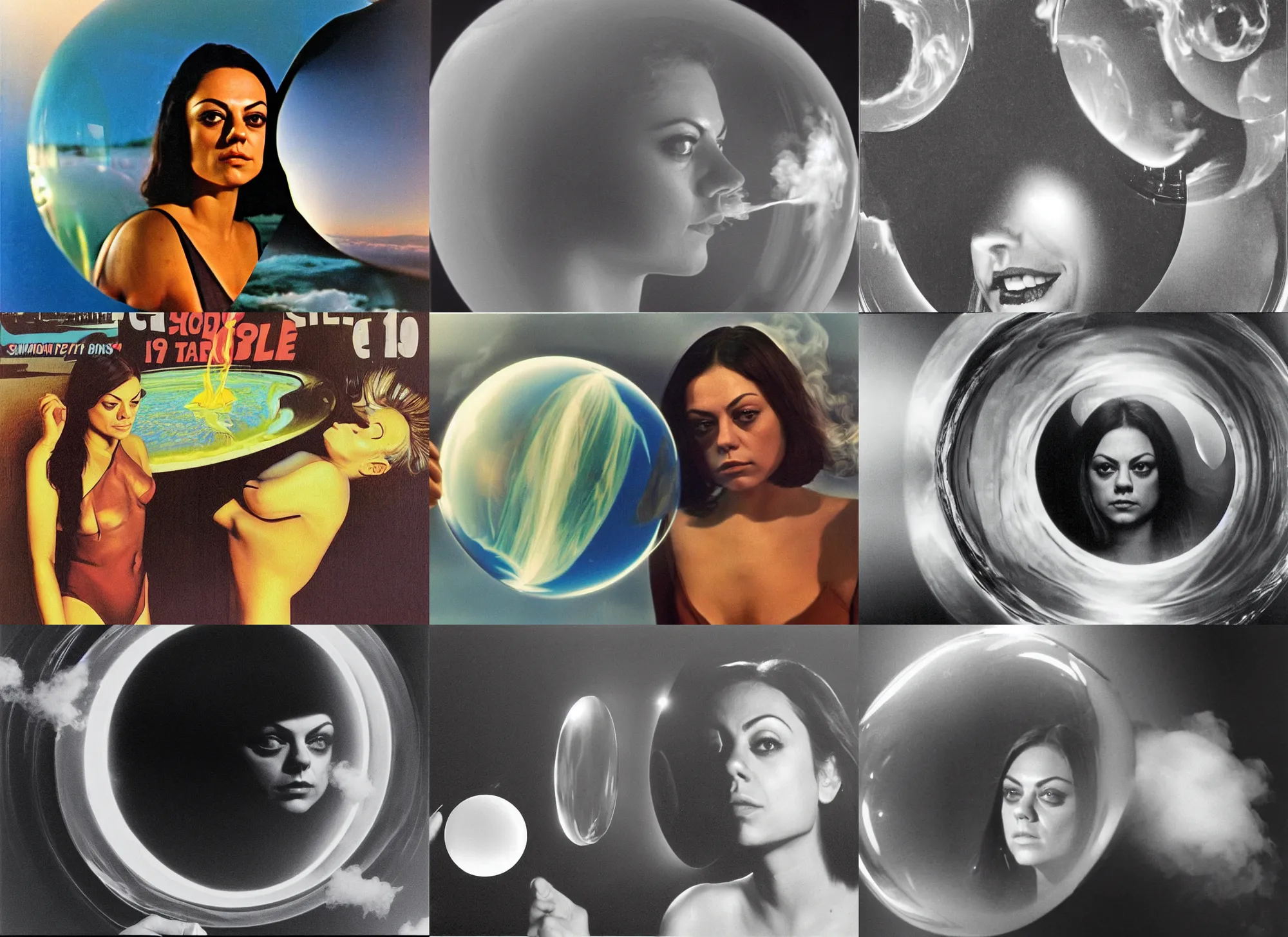 Prompt: smirking 1970 Mila Kunis reflected in a reflective bubble, puffs of smoke, Ludek Pesek, Rick Guidice, Chesley Bonestell, Lucien Rudaux, Rolf Klep, Fred Freeman, George Pal