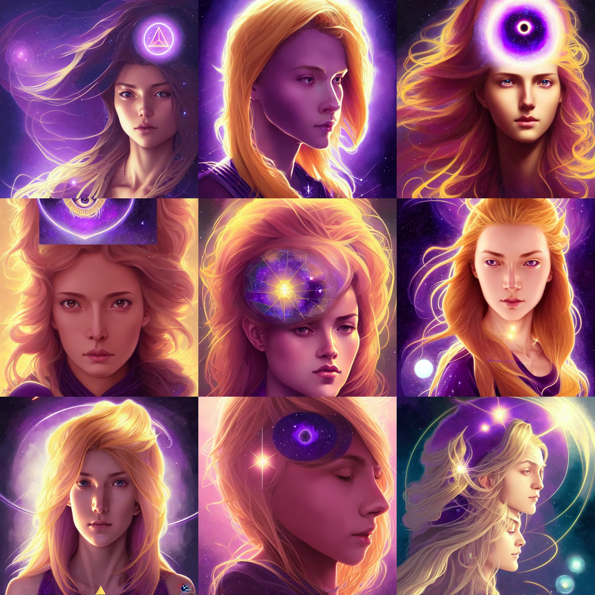 Prompt: centered head and shoulders portrait of a beautiful gallent golden haired girl with open purple third eye chakra, geometric third eye, attractive sci - fi face, space background, breathtaking stars, elegant, highly detailed, digital painting, artstation, concept art, smooth, sharp focus, illustration, anime asthetic, art by artgerm and greg rutkowski and alphonse mucha