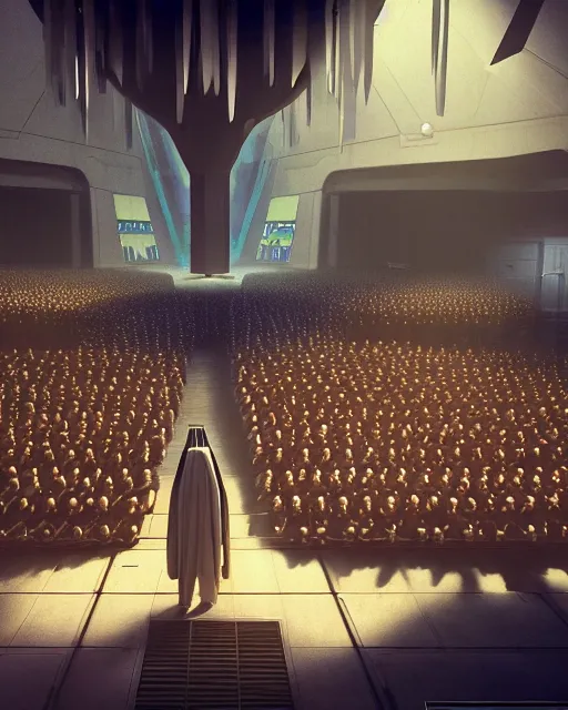 Prompt: scifi movie scene digital matte painting of a crowd in a futuristic church by craig mullins and ghibli, strong contrast, priest, pews, ethereal, inviting, bright, raking light, unreal engine 5, hyper realism, realistic shading, cinematic composition, blender render, octane render, hdr, detailed textures, photorealistic, wide shot