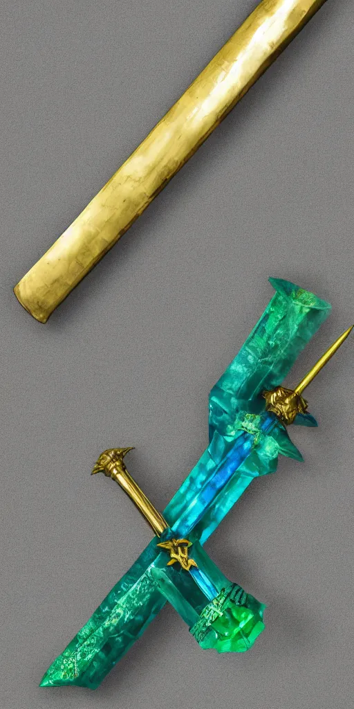 Image similar to photograph of a large green and teal crystal sword with a gold sword hilt