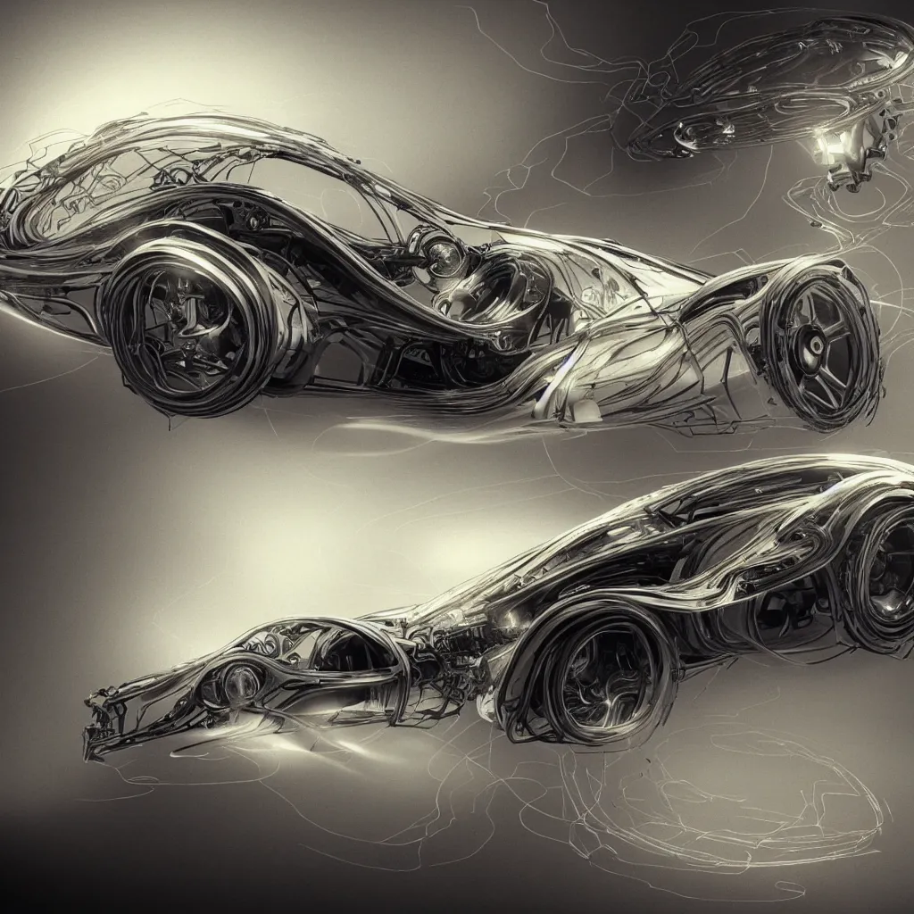 Image similar to open top sports car shaped as time machine in latent space, mechanical wire frame drawing, fantasy, intricate, elegant, highly detailed, digital painting, concept art, smooth, sharp focus, illustration, divine realm of gods, realistic cinematic style, filmed in 70mm, volumetric lighting, octane render, photographic, concept art, artist Leonardo DaVinci, unreal engine 8k