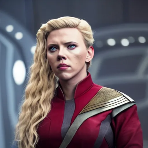 Image similar to starfleet uniform, portrait of scarlett johansson as lagertha, in starfleet uniform, from the tv series vikings