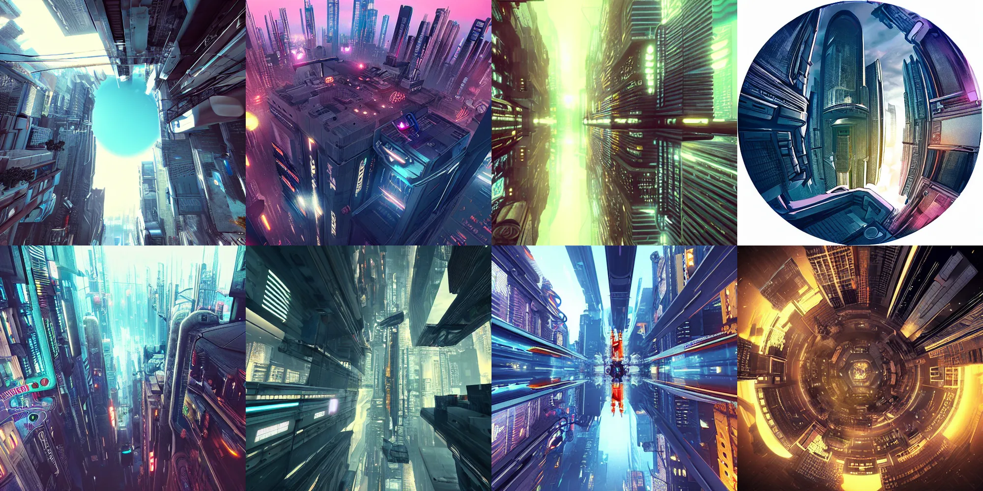 Prompt: inception cyberpunk city upside down, fisheye lens, unreal engine