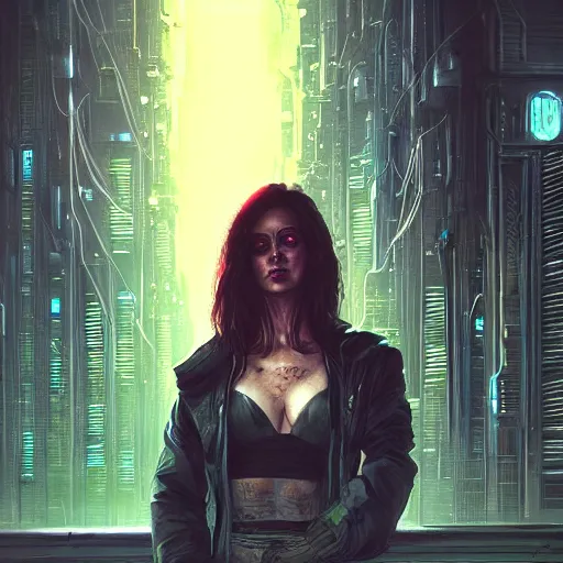 Prompt: neuromancer, closeup portrait of a young beautiful cyberpunk woman, eye implants, sunset, cyberpunk city background, megacity, gorgeous view, depth, painted by seb mckinnon, high detail, digital art, painted by greg rutkowski, trending on artstation