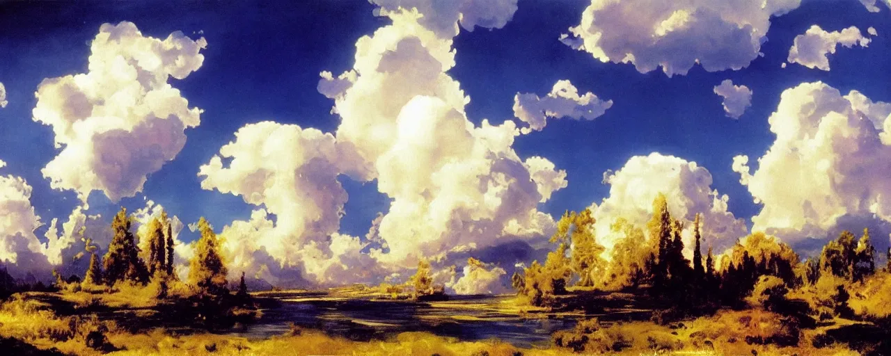 Image similar to disney illustrated background of blue sky huge clouds by eugene von guerard, ivan shishkin, john singer sargent