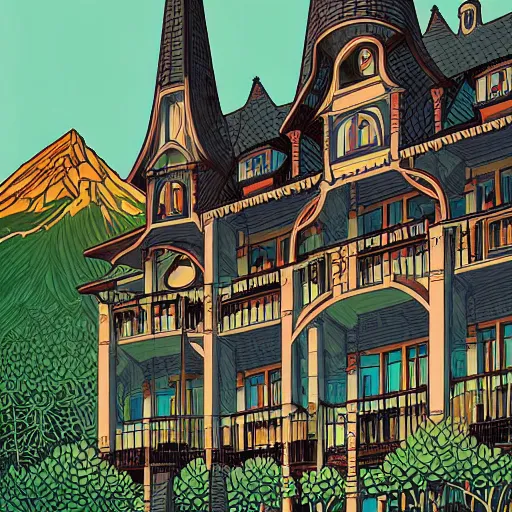 Prompt: art nouveau manoir on top of a mountain by Dan Mumford-n4