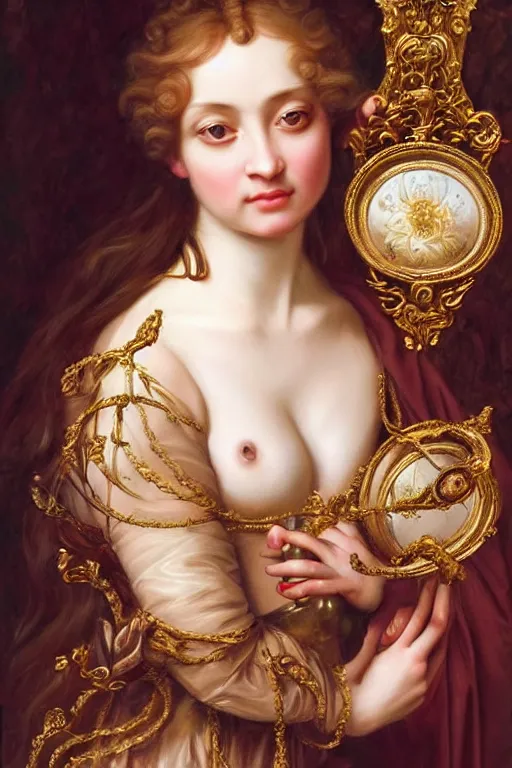 Image similar to hyper realistic painting portrait of the princess of roses, occult diagram, elaborate details, rococo, baroque, gothic, intrincate ornaments, gold decoration, caligraphy, occult art, illuminated manuscript, oil painting, art noveau, in the style of roberto ferri and gustav moreau