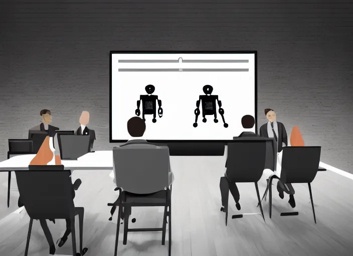 Image similar to A business meeting room. there are ONLY 2 people in the room. the first is a severed human head. flying human head. The head is Hovering with no body. the second person is the room is a Robot. there are no more people in the room.