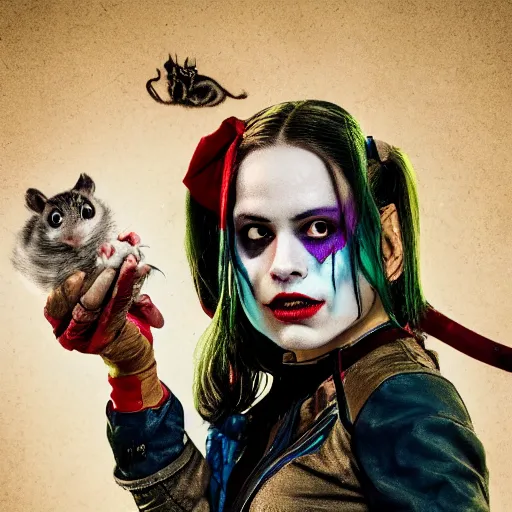 Prompt: ratcatcher 2 from the suicide squad, holding a cute rat in her hands, photo taken on a nikon, very detailed, 4k