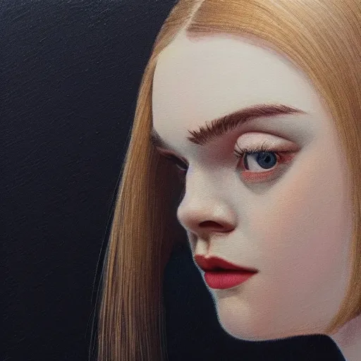 Prompt: professional painting of Elle Fanning in the style of George Tooker, head and shoulders portrait, symmetrical facial features, smooth, sharp focus, illustration, intricate, stormy weather, extremely detailed masterpiece,