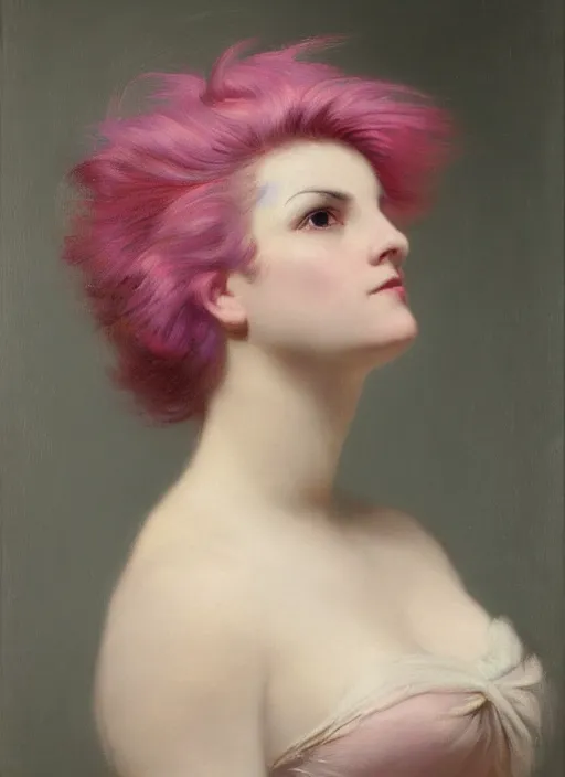 Prompt: a detailed portrait of woman with a mohawk by edouard bisson, year 1 9 2 0, pink hair, punk rock, looking at the camera, oil painting, muted colours, soft lighting